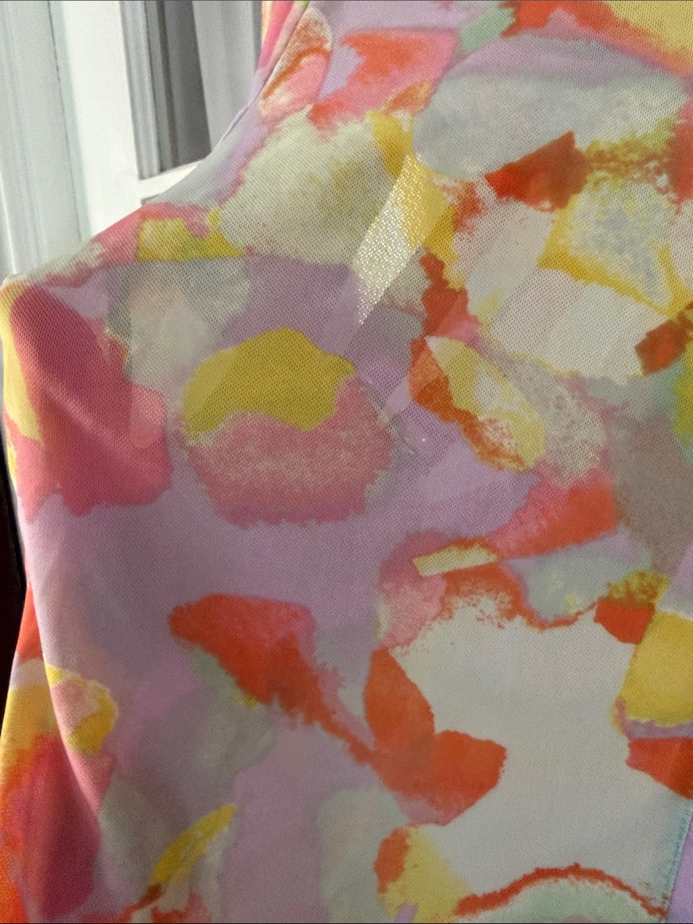 LOGO by Lori Goldstein Multicolor Abstract Button Front Sheer Mesh Blouse - Picture 3 of 5
